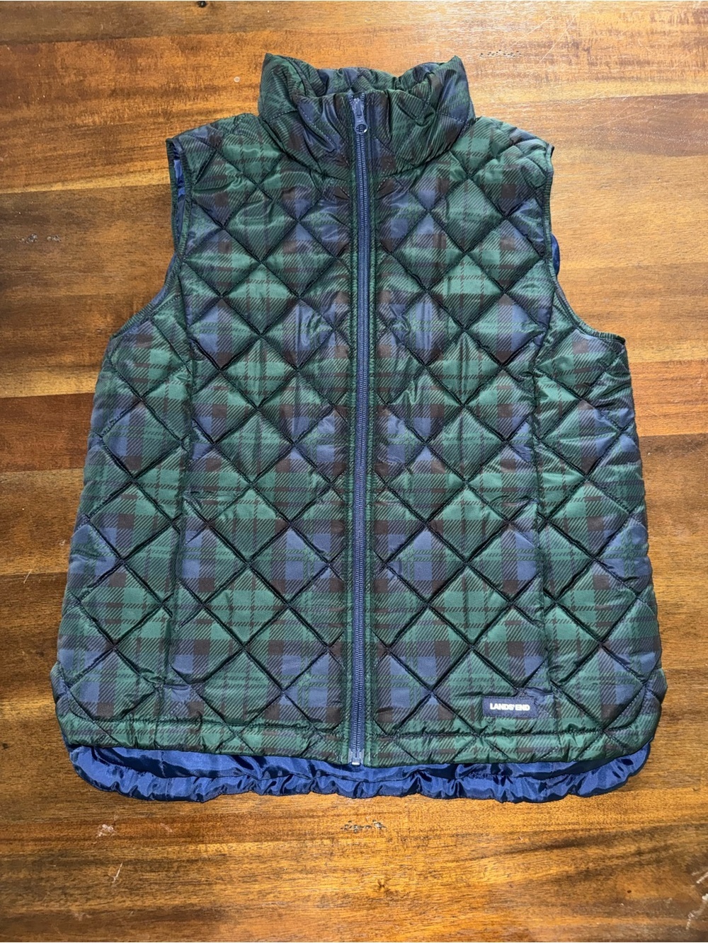 Lands' End Green and Blue Plaid Quilted Vest Size Small 6-8